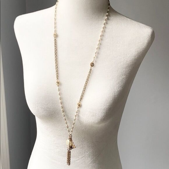 Faux pearl long charm and tassel necklace - Picture 1 of 9